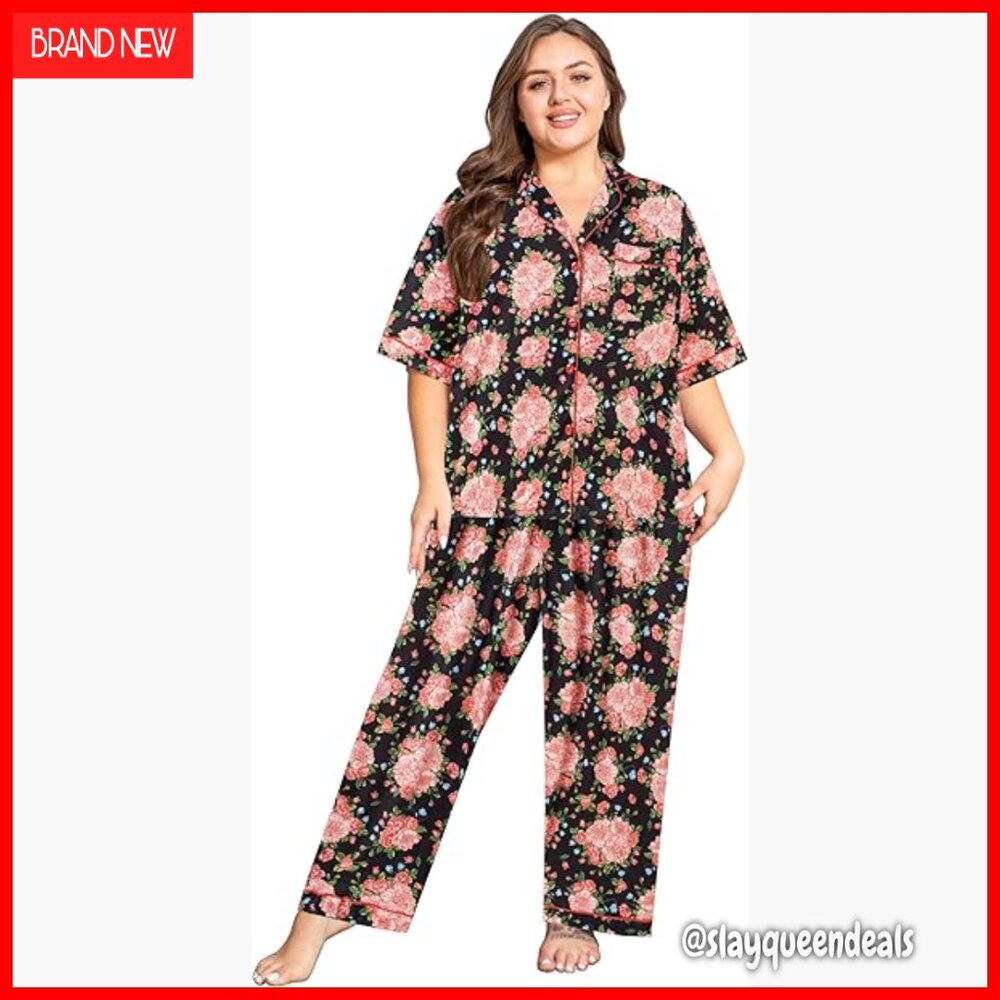 Plus Size Pajama Set Button Down Shirt Pants Soft Knit Lounge Wear - Picture 1 of 7